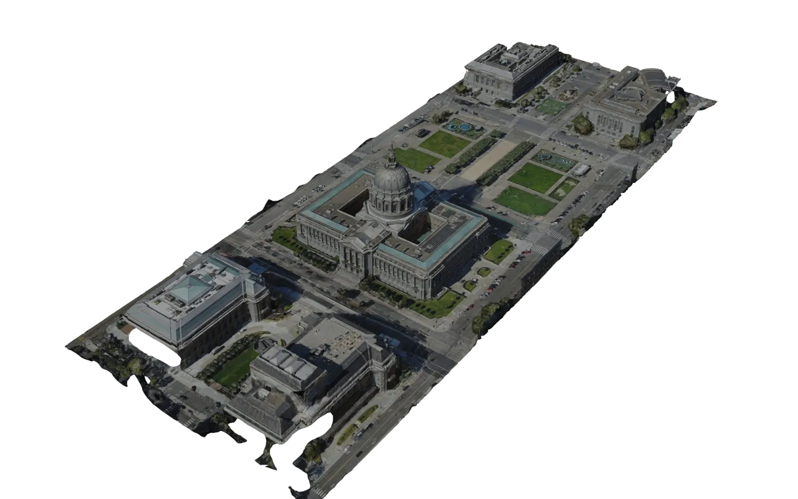 Textured photogrammetry model of San Francisco City Hall and the Civic Center plaza, viewed from above at an angle