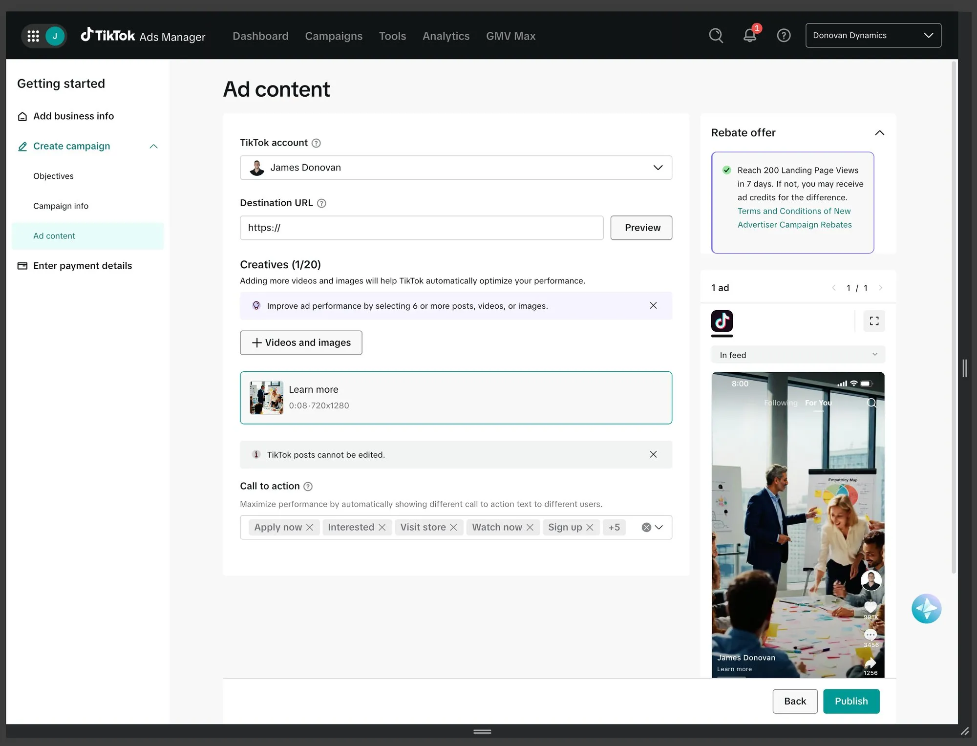 Ad content screen with one creative selected, call-to-action chips and an in-feed preview on a phone