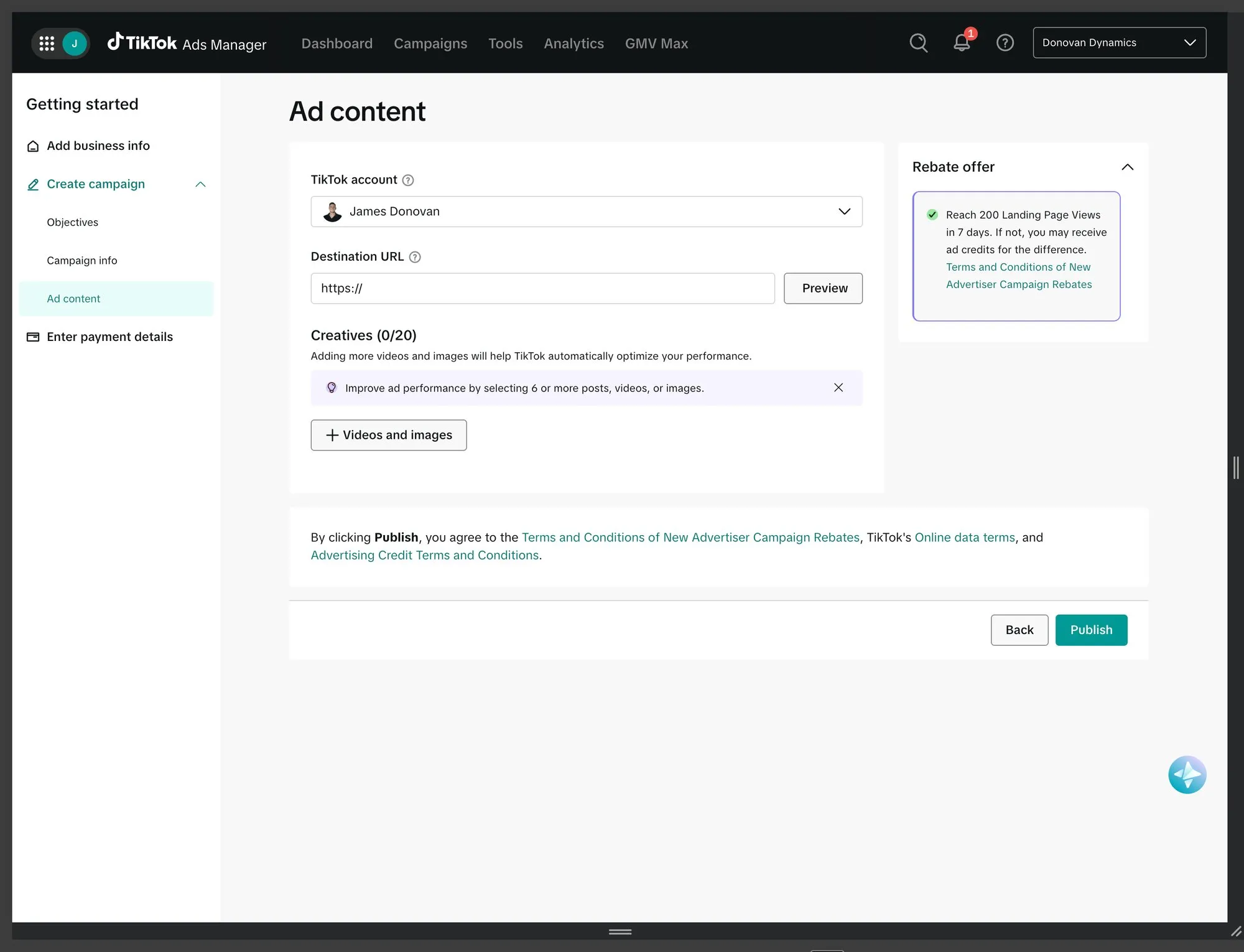 Ad content screen with account selector, destination URL, creative upload, terms text and a Publish button