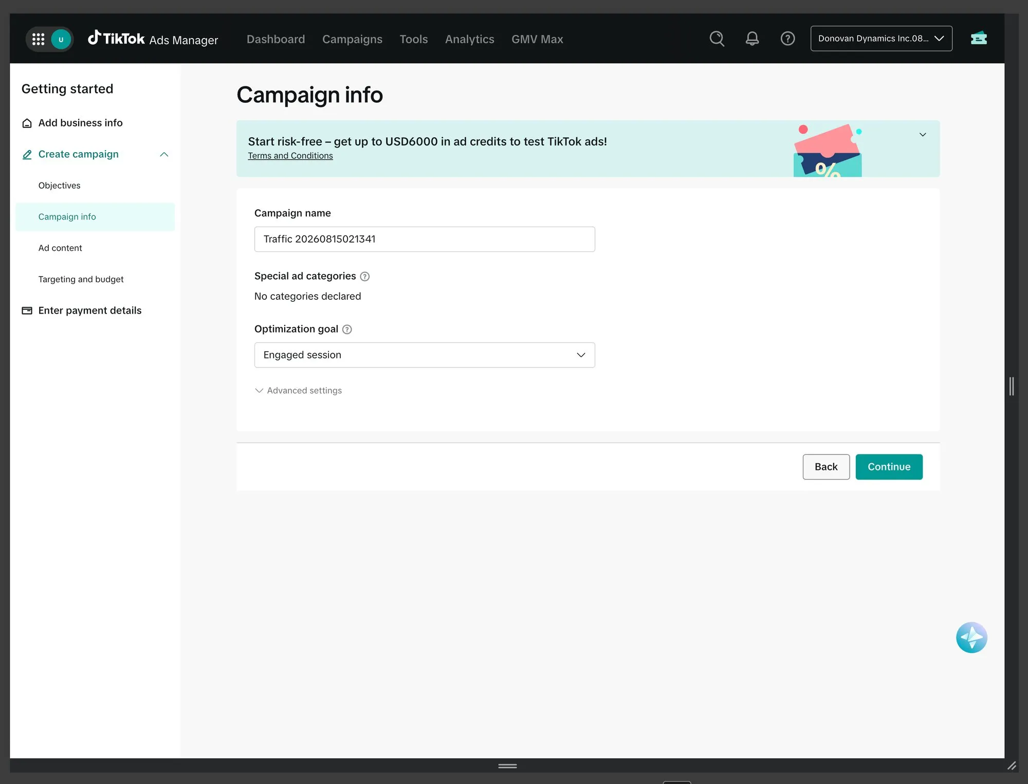 Campaign info screen with a large banner explaining the new advertiser rebate above the form