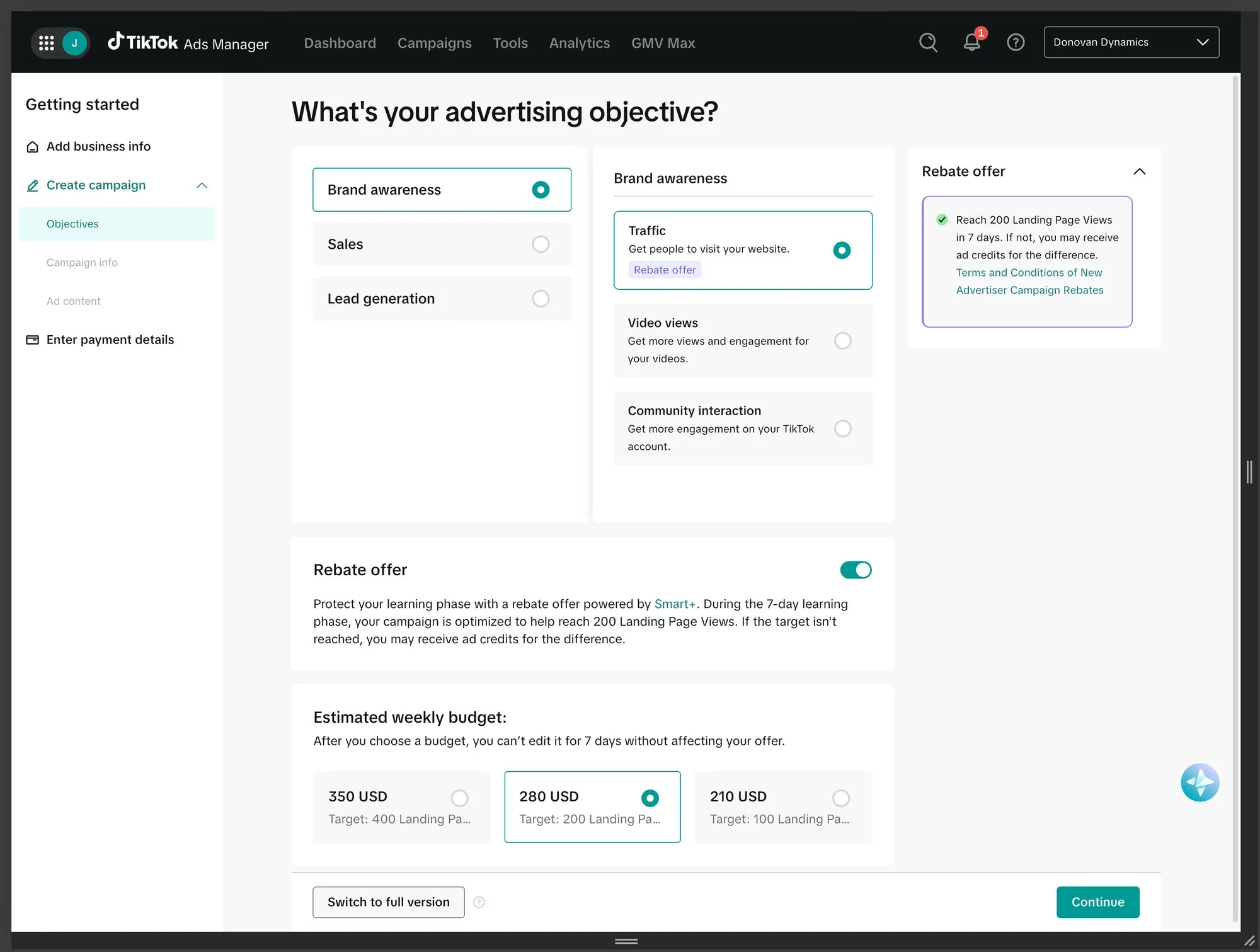 TikTok Ads Manager objective screen with the rebate offer explained in a right-hand panel and three weekly budget options