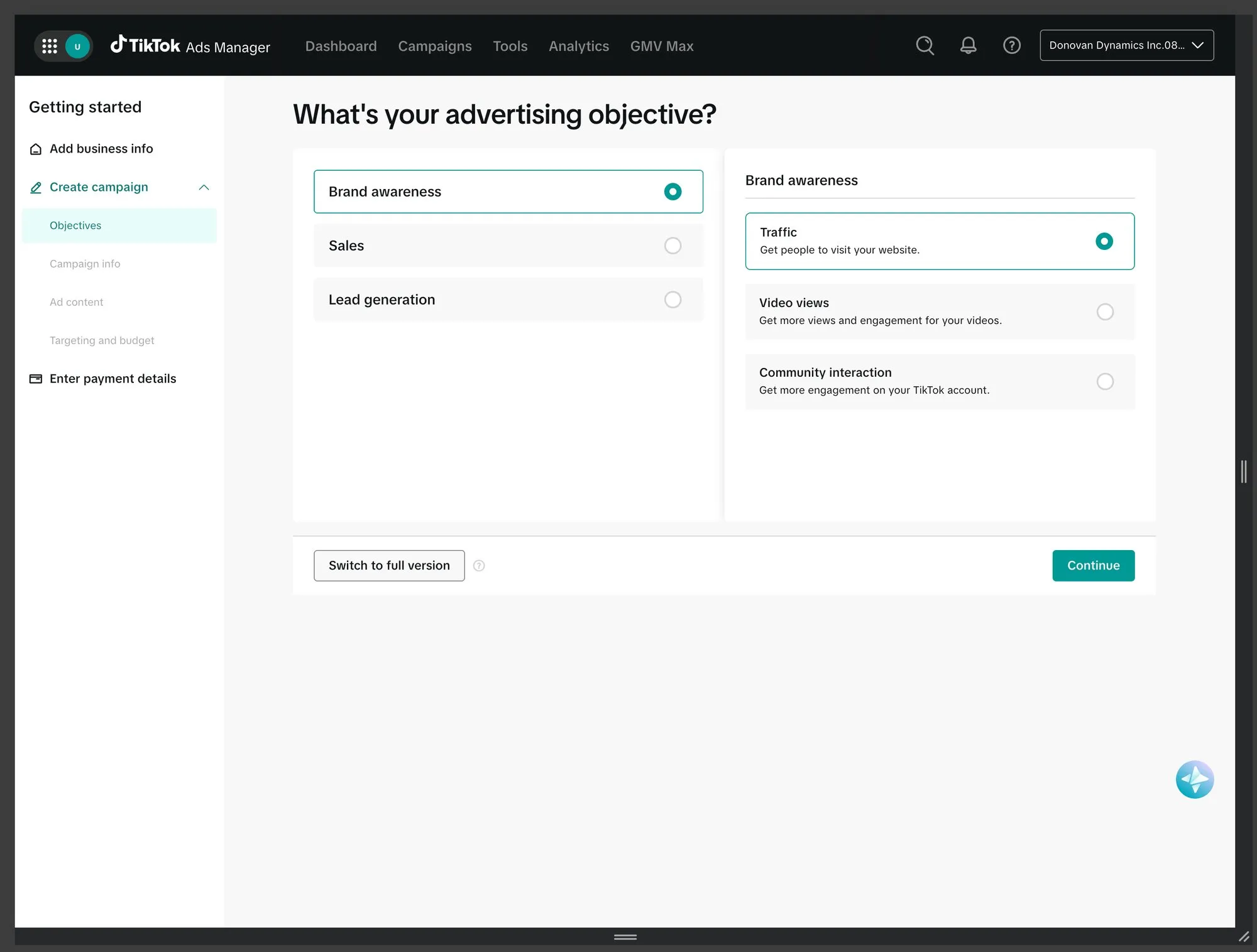TikTok Ads Manager objective screen with Brand awareness, Sales and Lead generation options and a second panel of specific goals