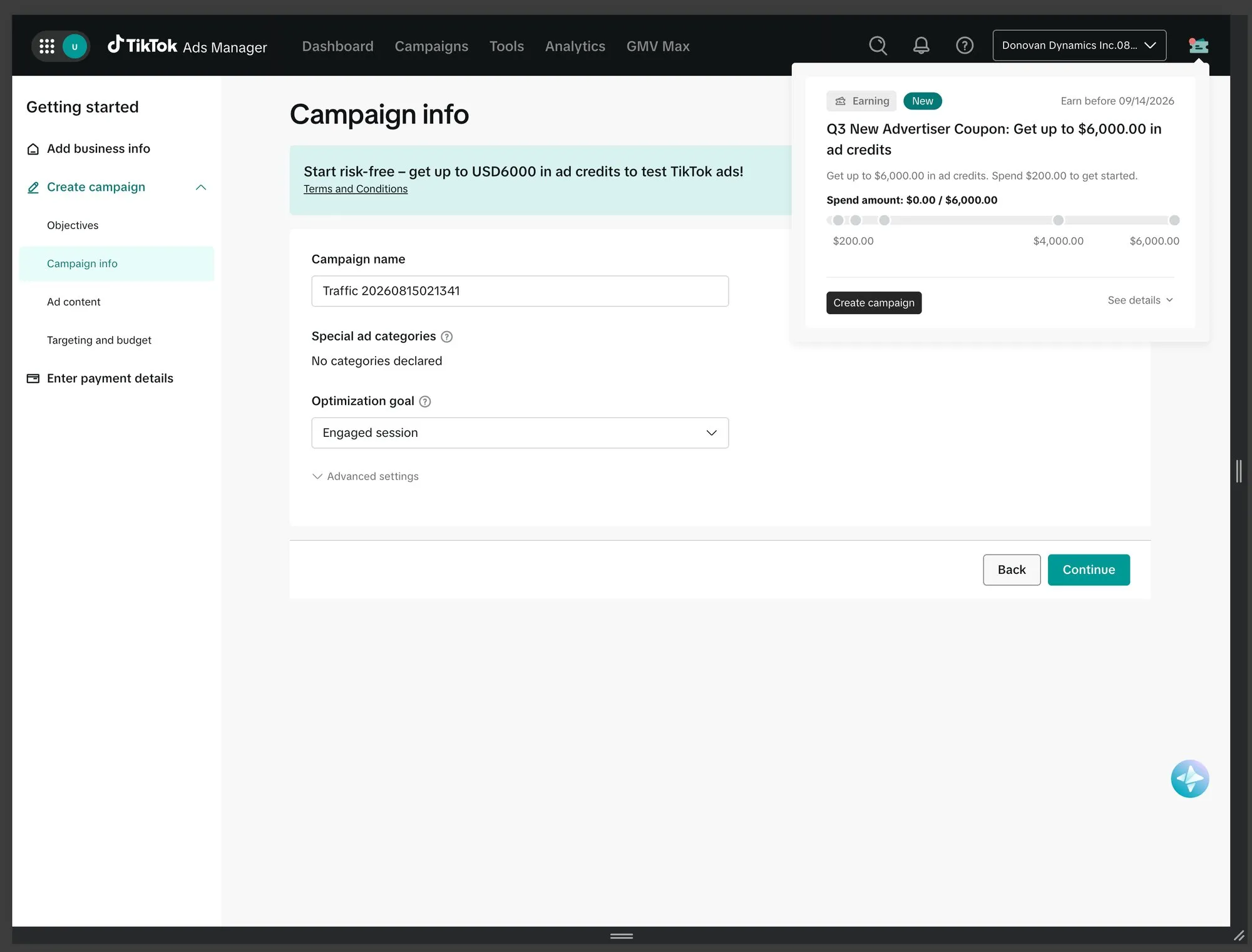 Rebate popover showing the coupon amount, spend threshold, progress and a Create campaign action
