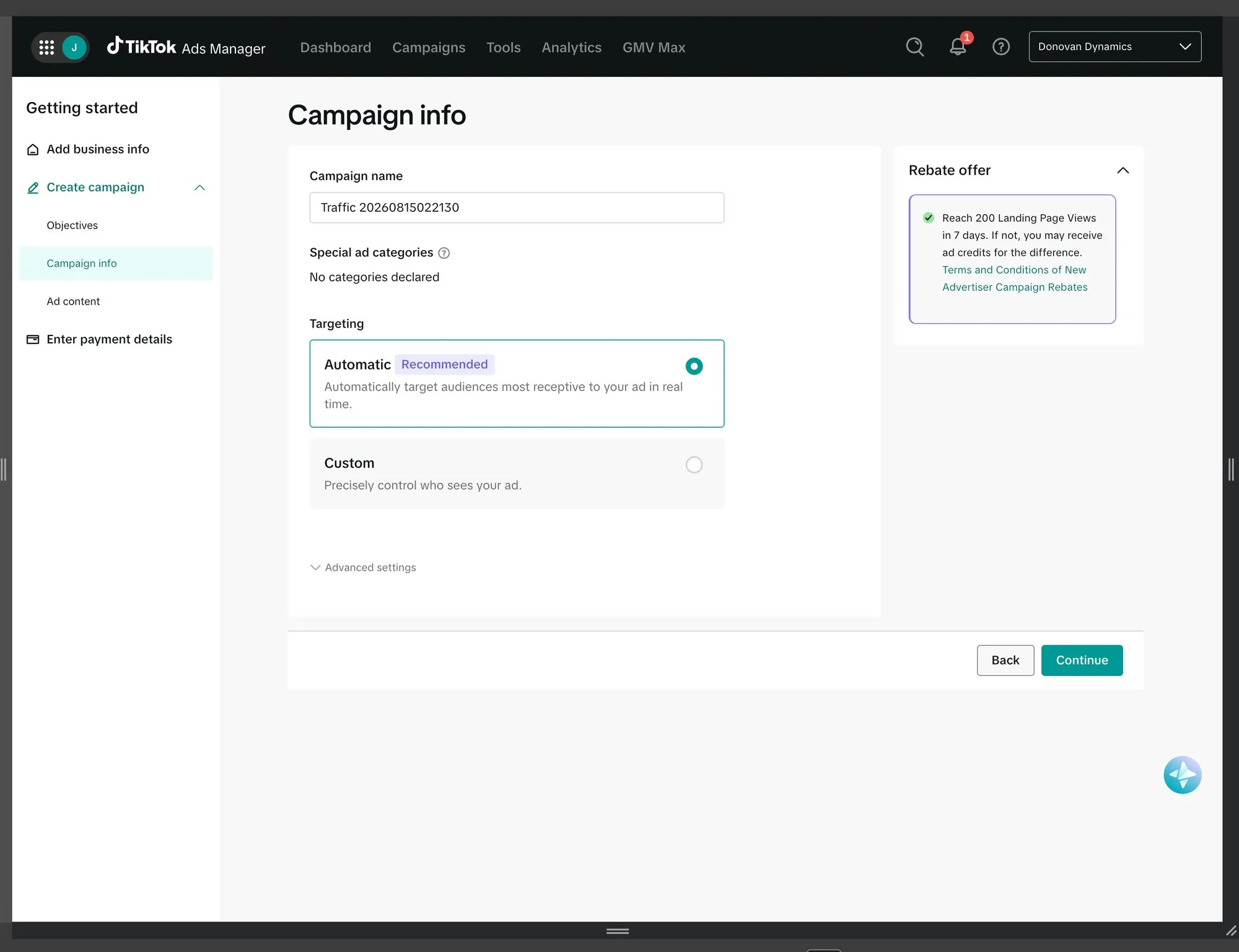 Targeting screen with automatic targeting selected and labelled as recommended, and custom targeting available beside it